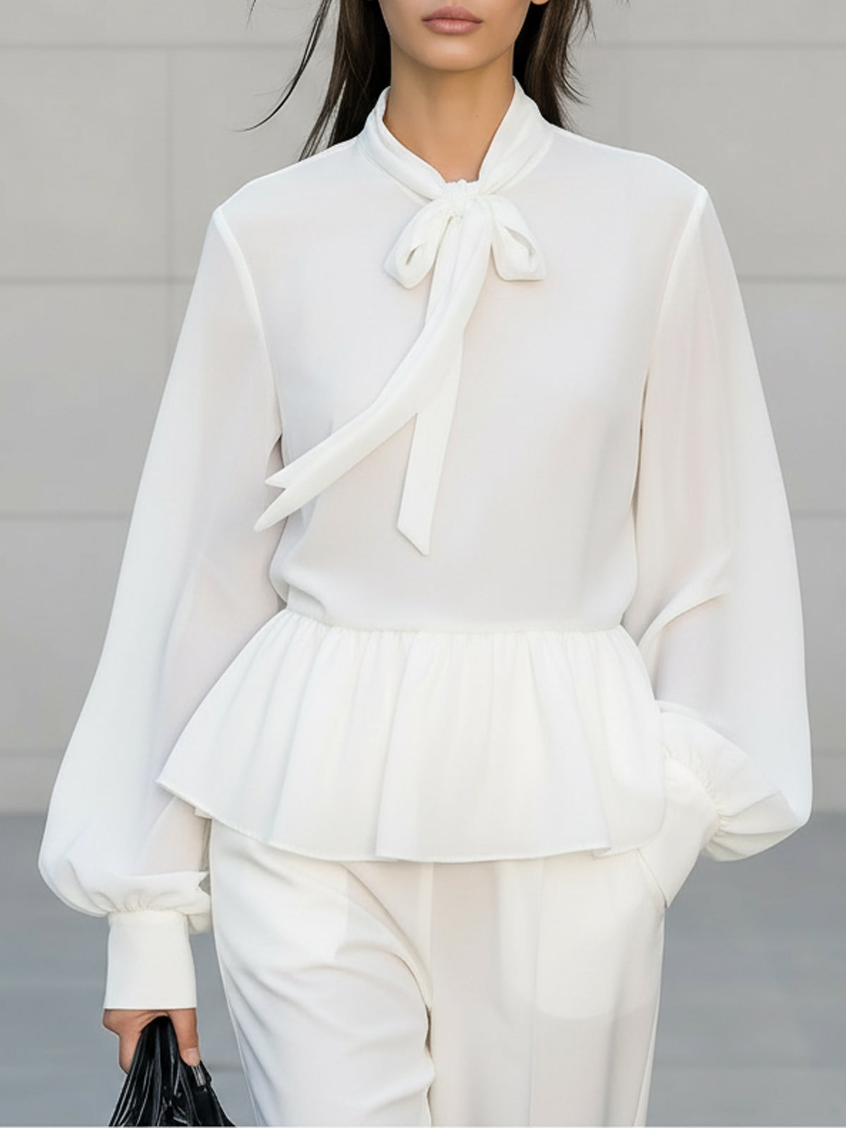 Maeyira Chic White Chiffon Blouse with Stand Collar & Ruffle Details - MAEYIRA