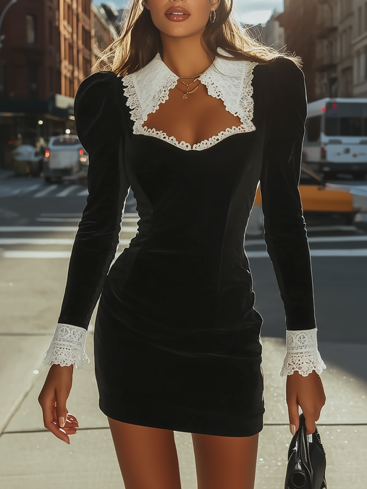 Stellara Black Velvet Bodycon Mini Dress with White Lace Collar