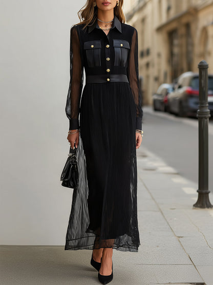 Stellara Black Sheer Maxi Dress with Gold Buttons - Long Sleeve Collar