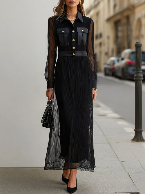 Stellara Black Sheer Maxi Dress with Gold Buttons - Long Sleeve Collar