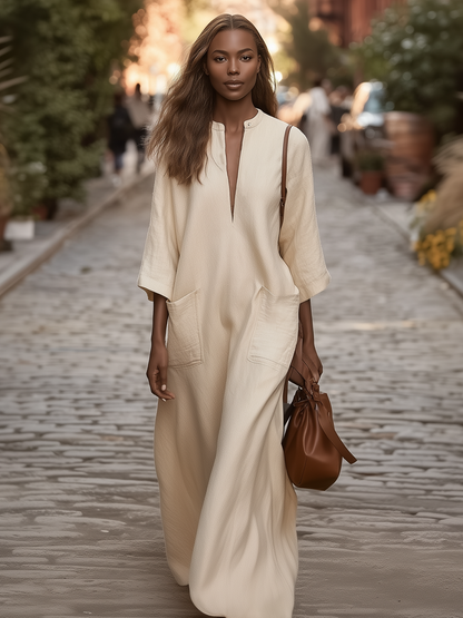Stellara Cream Linen Maxi Dress with Pockets - 3/4 Sleeve V-Neck