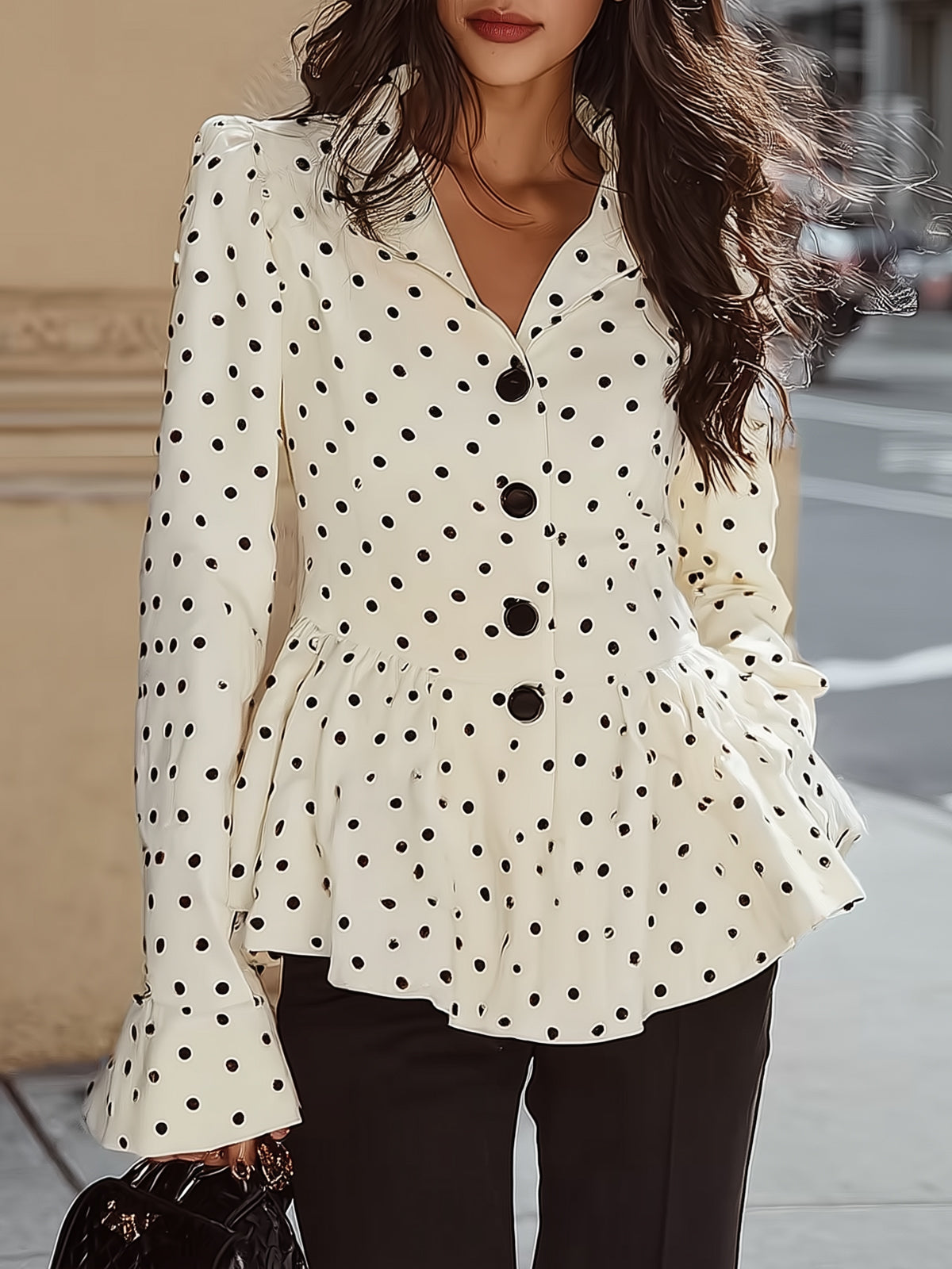 Maeyira French Vintage Polka Dot Top - Ruffled Hem & Fitted Waist - MAEYIRA