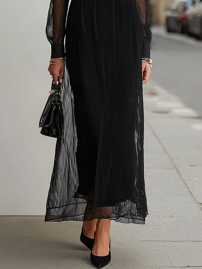 Stellara Black Sheer Maxi Dress with Gold Buttons - Long Sleeve Collar