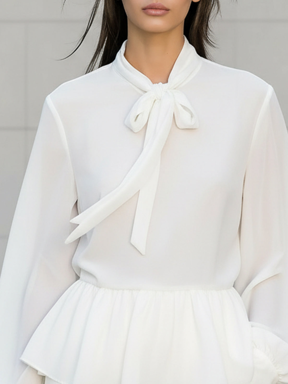 Maeyira Chic White Chiffon Blouse with Stand Collar & Ruffle Details - MAEYIRA
