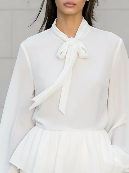 Maeyira Chic White Chiffon Blouse with Stand Collar & Ruffle Details - MAEYIRA
