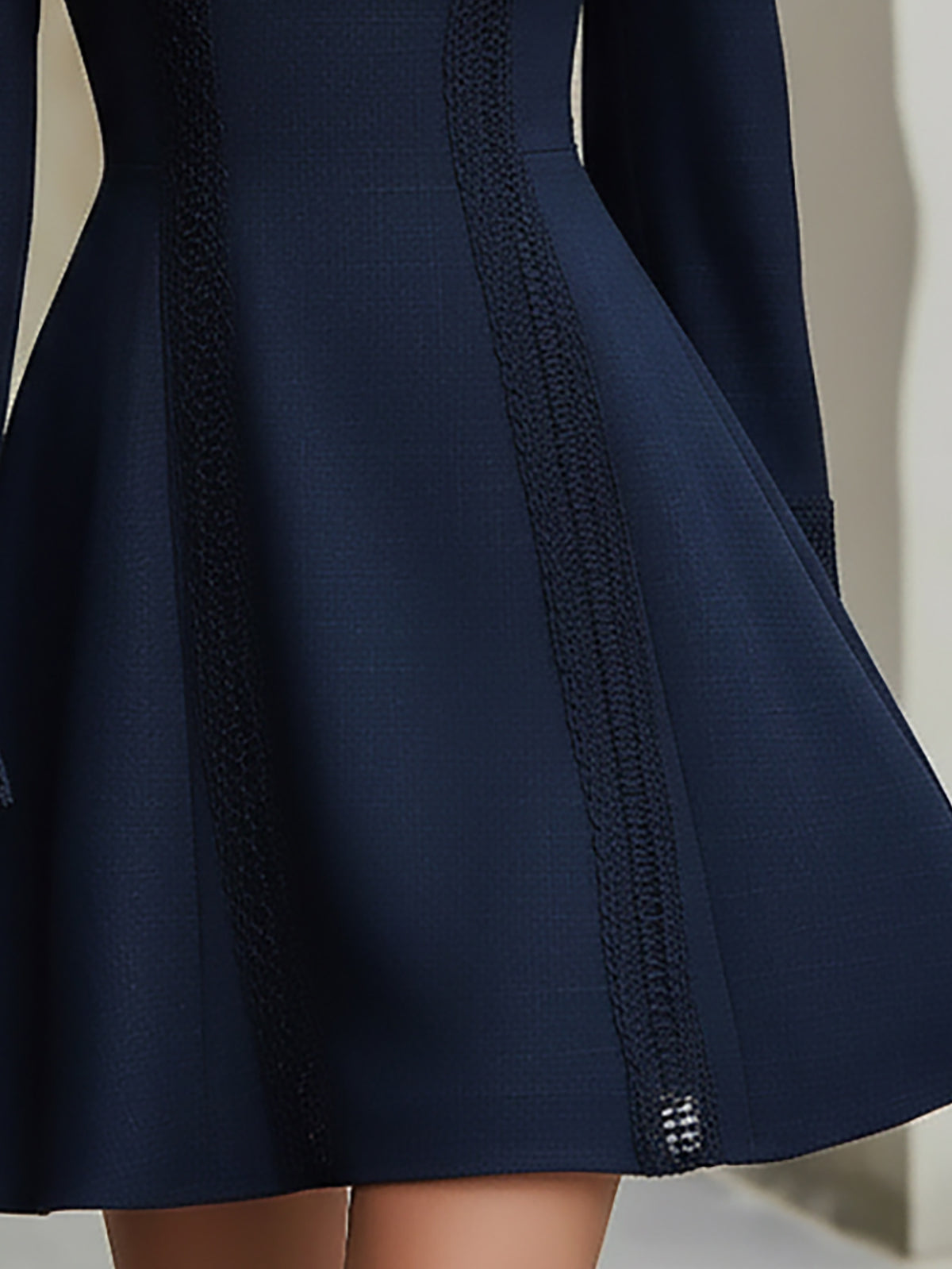 Stellara Navy Blue Mini Dress with Lace Trim  Puff Sleeve