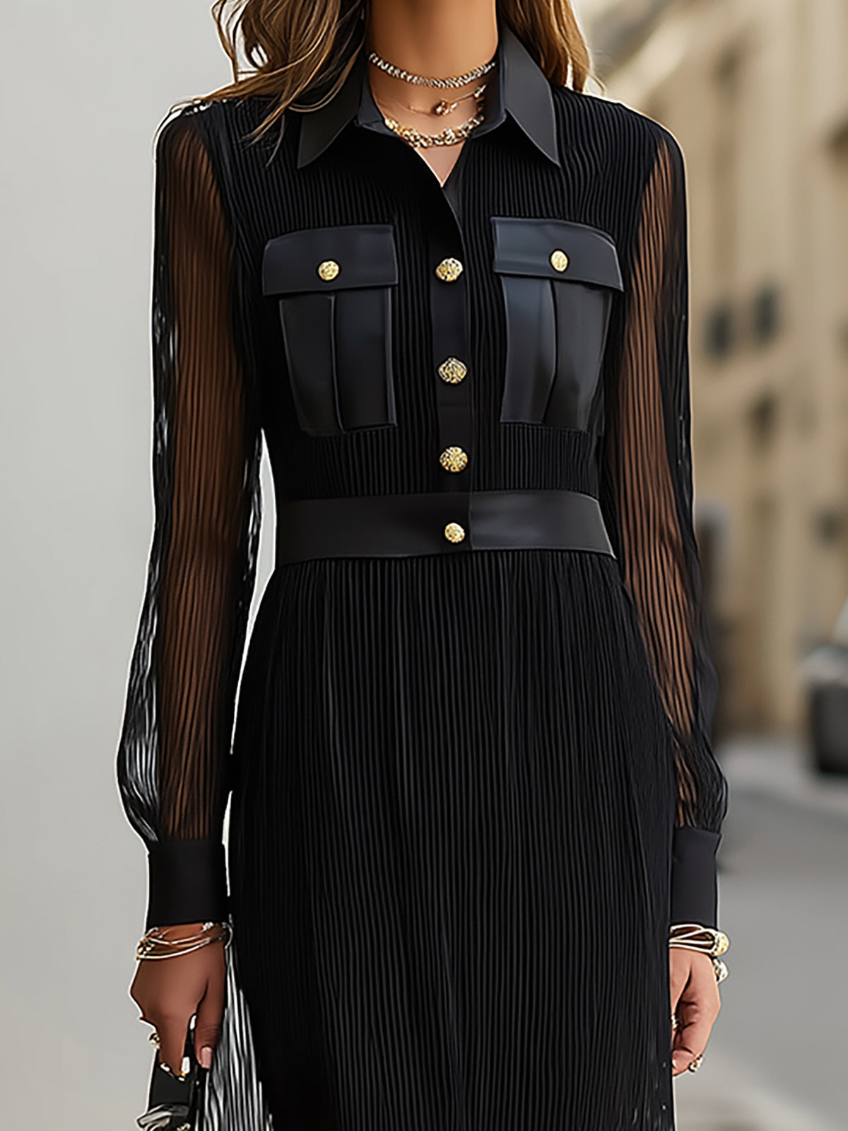 Stellara Black Sheer Maxi Dress with Gold Buttons - Long Sleeve Collar