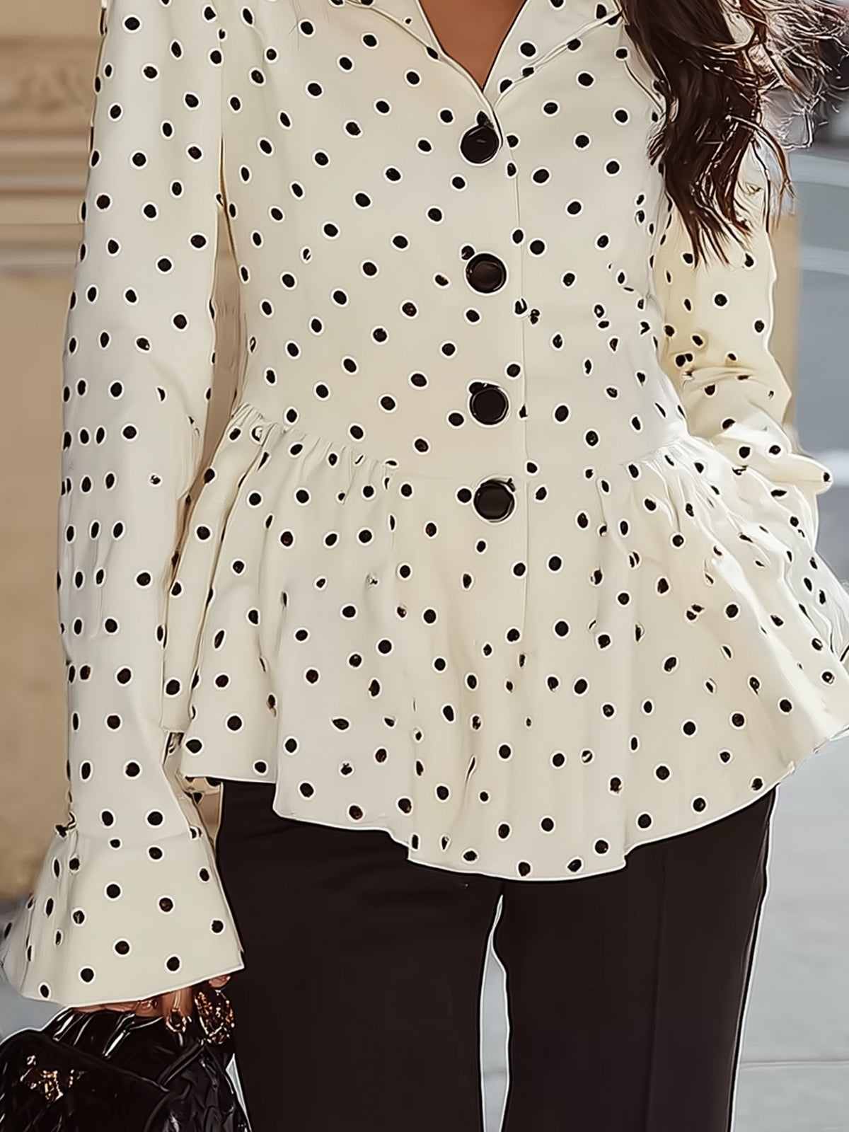 Maeyira French Vintage Polka Dot Top - Ruffled Hem & Fitted Waist - MAEYIRA
