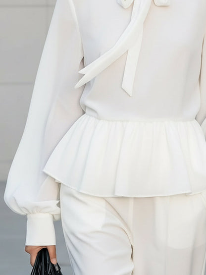 Maeyira Chic White Chiffon Blouse with Stand Collar & Ruffle Details - MAEYIRA