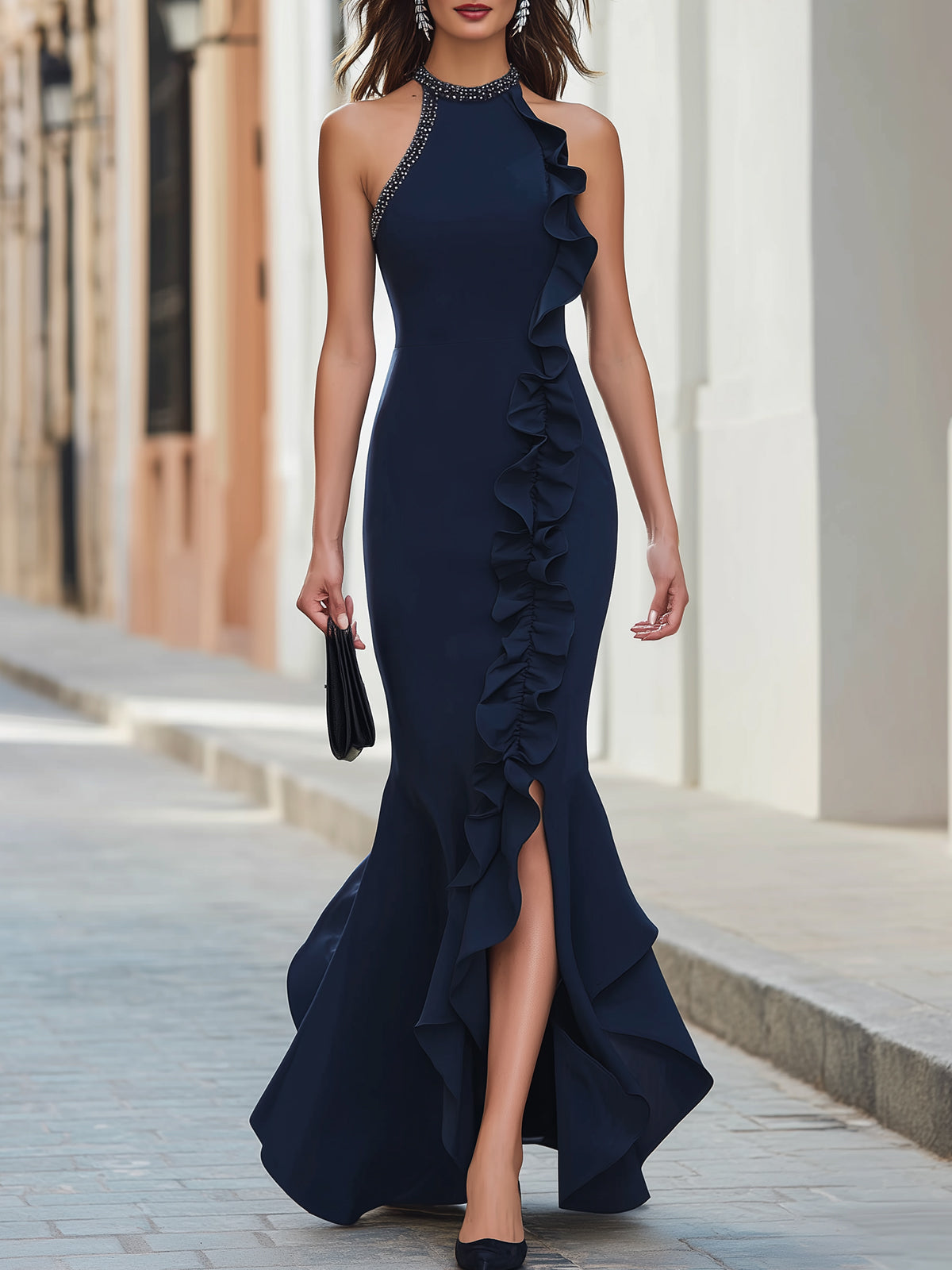 Stellara Navy Blue Halter Maxi Dress Ruffle Trim High Slit