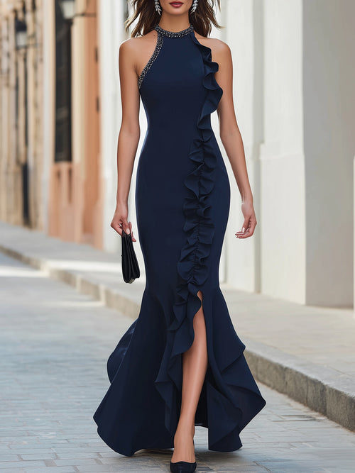Stellara Navy Blue Halter Maxi Dress Ruffle Trim High Slit