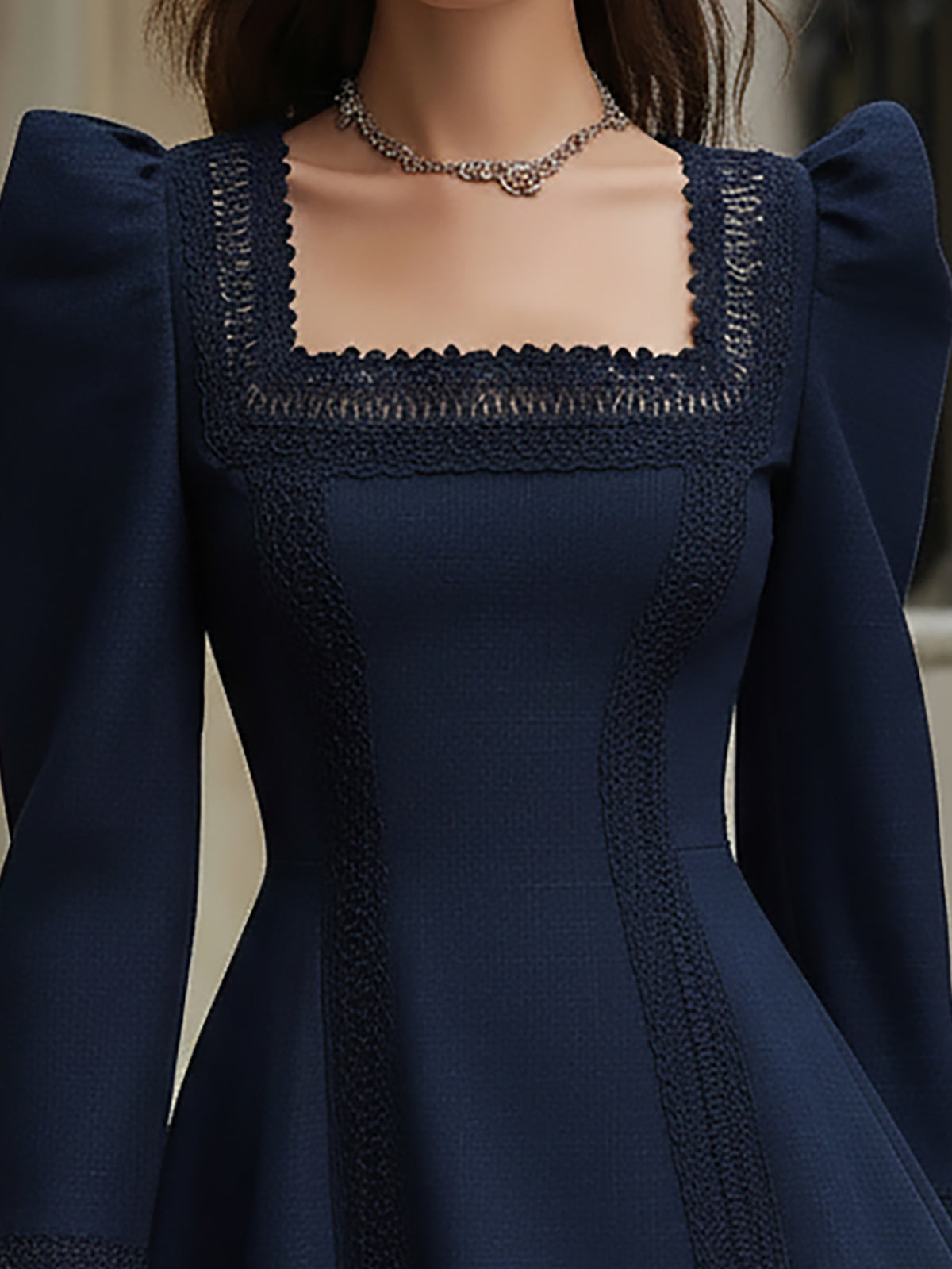 Stellara Navy Blue Mini Dress with Lace Trim  Puff Sleeve