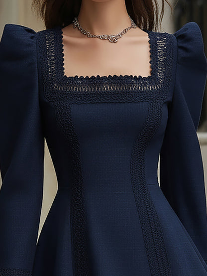Stellara Navy Blue Mini Dress with Lace Trim  Puff Sleeve